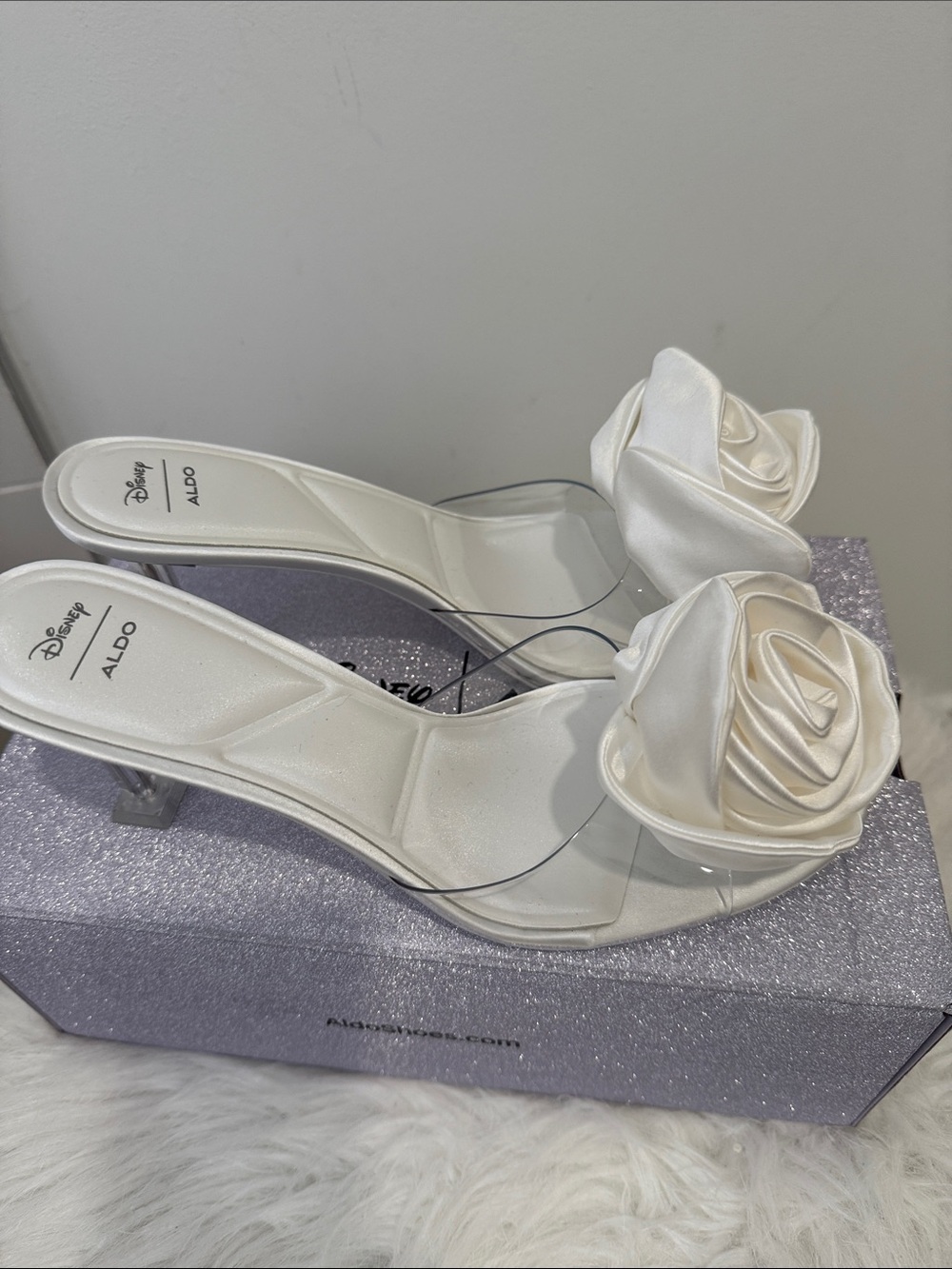 Aldo white clear with white Satin rose flower Slide Mules brand new 8 1/2